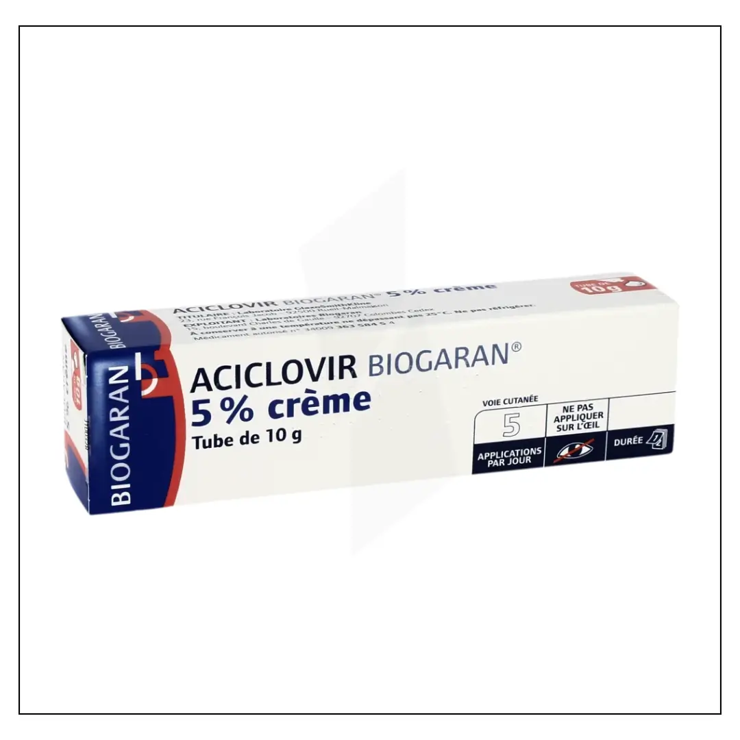 Crème Aciclovir 5% pour traiter l'herpès labial, réduit la durée des poussées de boutons de fièvre.