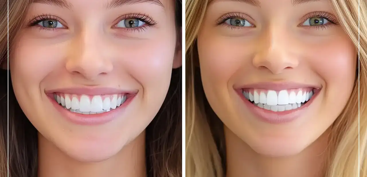 Image côte à côte montrant les résultats après un blanchiment dentaire sur deux patientes.