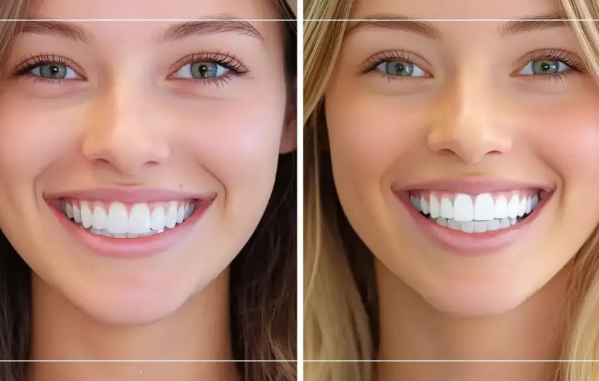 Image côte à côte montrant les résultats après un blanchiment dentaire sur deux patientes.