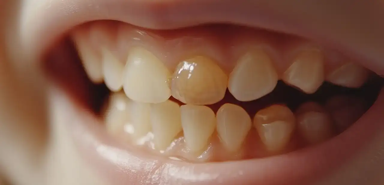 Close-up of a child's mouth showing a discolored baby tooth after an injury, highlighting trauma to temporary teeth.