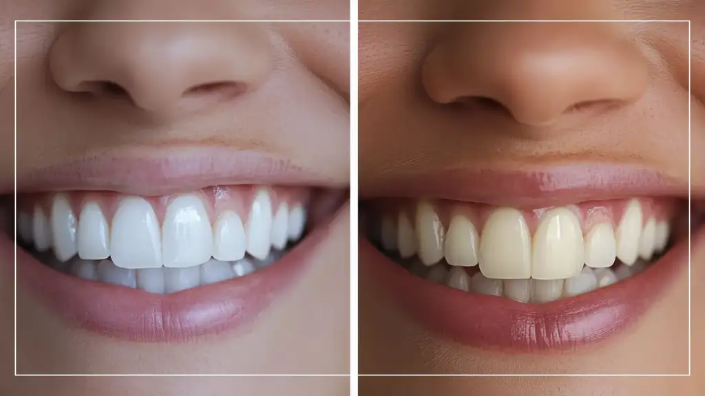Image en gros plan comparant les effets avant et après d'une procédure de blanchiment dentaire. Le côté gauche montre des dents blanches, tandis que le côté droit montre des dents légèrement jaunes avant le traitement.