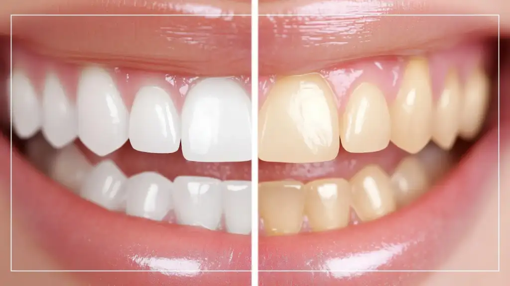Gros plan détaillé des dents d'un patient avant et après un blanchiment dentaire. Le côté gauche montre des dents blanches, tandis que le côté droit révèle des dents jaunies avant le traitement.