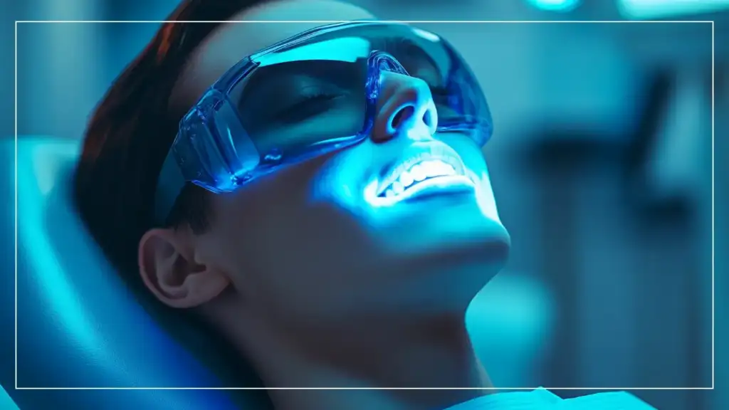 Un patient allongé dans un fauteuil dentaire pendant une procédure de blanchiment dentaire avec une lampe LED bleue brillante concentrée sur la bouche. Le patient porte des lunettes de protection dans un cabinet dentaire propre et moderne.