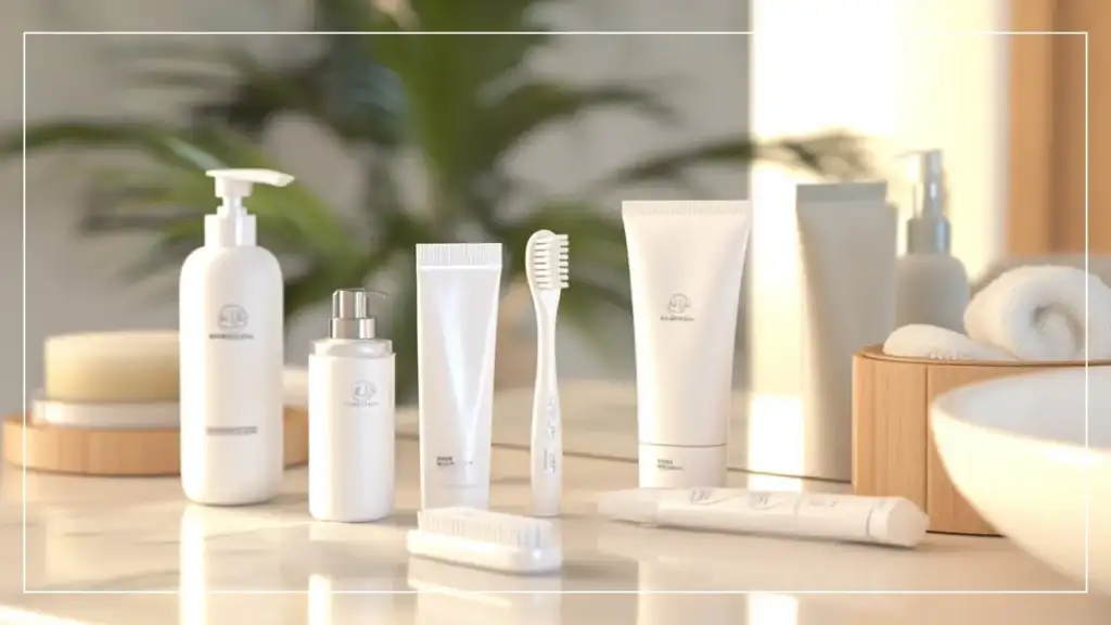 Produits de blanchiment dentaire en vente libre, y compris dentifrice, bandes blanchissantes et brosse à dents pour maintenir les résultats à domicile.