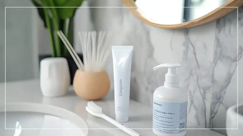Brosse à dents à poils souples, dentifrice pour dents sensibles, et fil dentaire sur un comptoir de salle de bain propre pour le soin dentaire après blanchiment.
