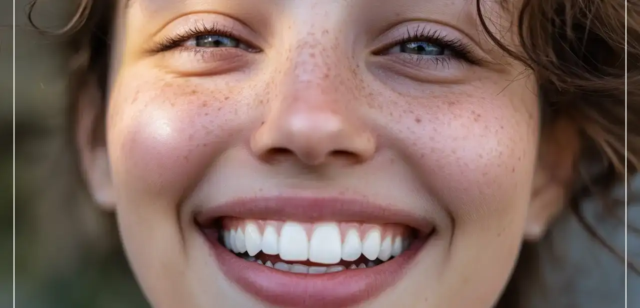 Gros plan d'une personne au visage naturel avec des taches de rousseur souriant avec assurance, montrant des dents blanches et éclatantes. L'image reflète le bonheur et la santé dentaire.
