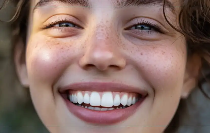 Gros plan d'une personne au visage naturel avec des taches de rousseur souriant avec assurance, montrant des dents blanches et éclatantes. L'image reflète le bonheur et la santé dentaire.