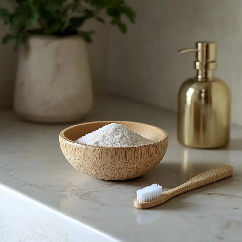 Remède au bicarbonate de soude pour blanchir les dents naturellement : un bol en bois rempli de bicarbonate posé sur un comptoir de salle de bain, avec une brosse à dents en bois et une plante en arrière-plan.