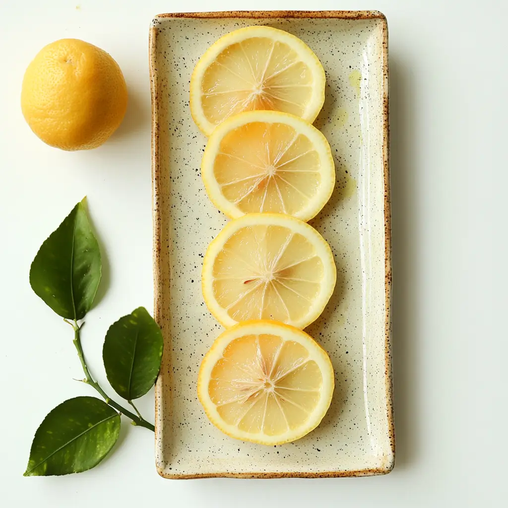 Remède naturel pour blanchir les dents : des tranches de citron fraîches disposées sur une assiette en céramique avec un citron entier et des feuilles vertes sur un fond blanc.