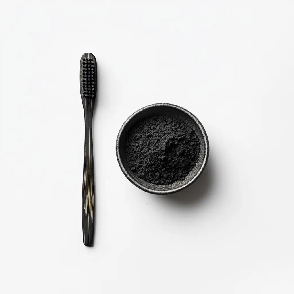 Charbon actif en poudre pour blanchir les dents naturellement : un petit bol noir rempli de poudre de charbon à côté d’une brosse à dents en bambou noir, sur un fond blanc épuré.