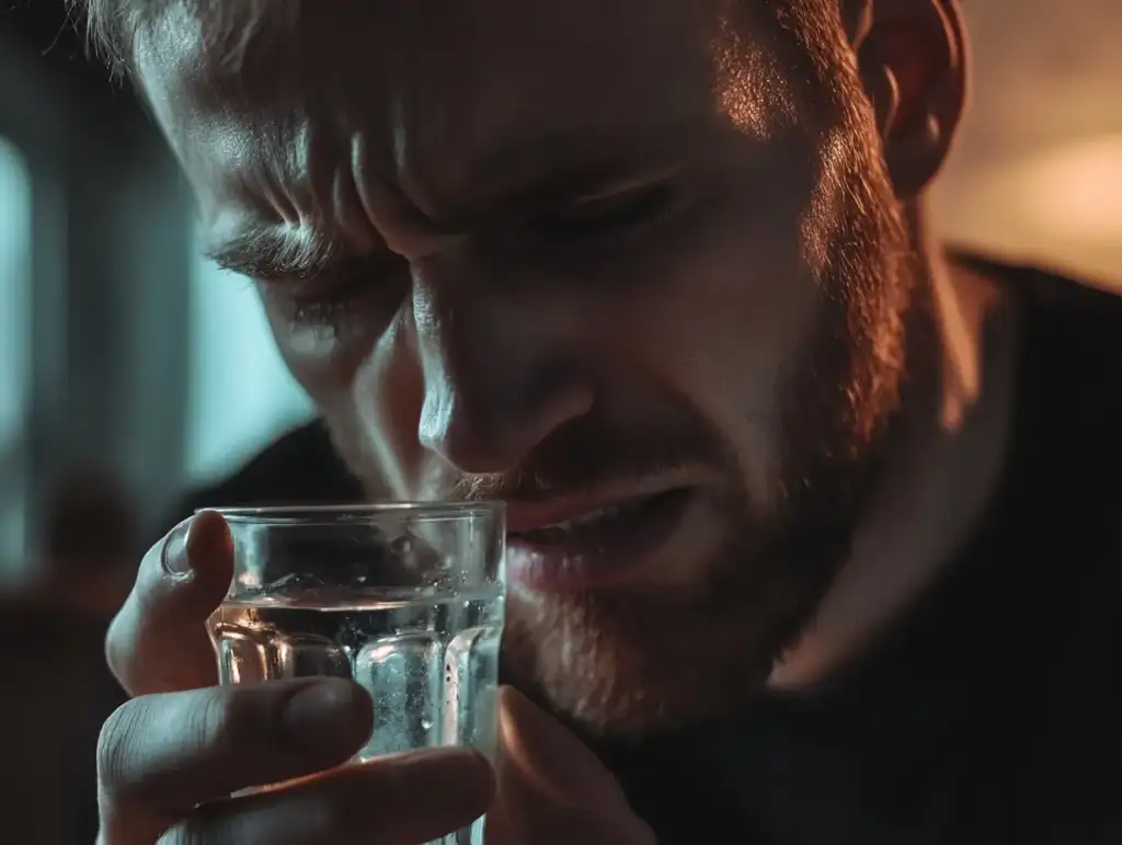 Homme souffrant de sensibilité dentaire en buvant de l’eau glacée, illustrant les symptômes des dents sensibles