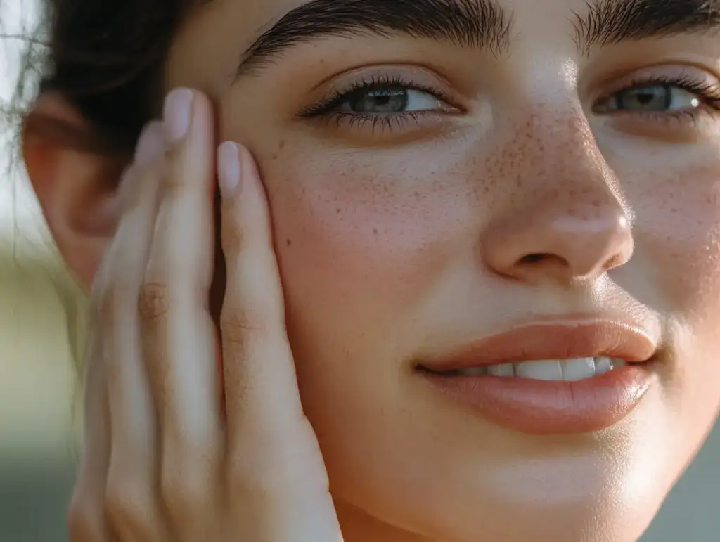 Femme touchant sa joue pour montrer une douleur légère causée par la sensibilité dentaire.
