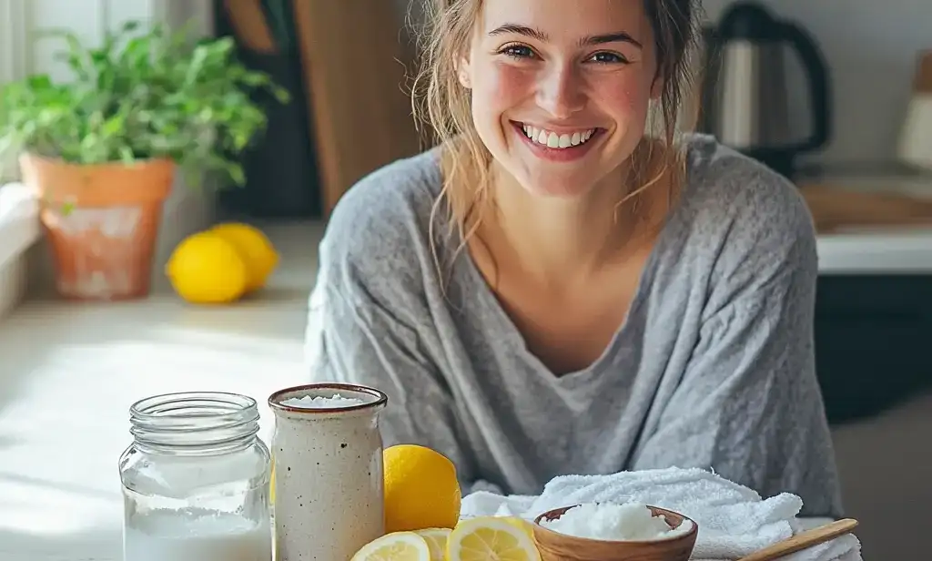 Huile de coco comme remède naturel pour des dents blanches : un pot d’huile de coco avec une cuillère en bois et une demi-coque de noix de coco sur une surface blanche minimaliste.