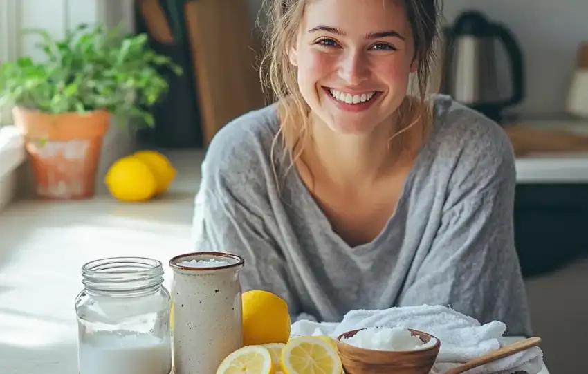 Huile de coco comme remède naturel pour des dents blanches : un pot d’huile de coco avec une cuillère en bois et une demi-coque de noix de coco sur une surface blanche minimaliste.