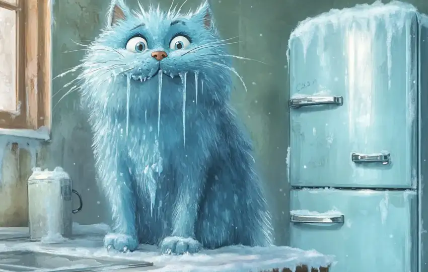Chat comiquement gelé dans une cuisine, symbolisant la douleur intense causée par la sensibilité au froid