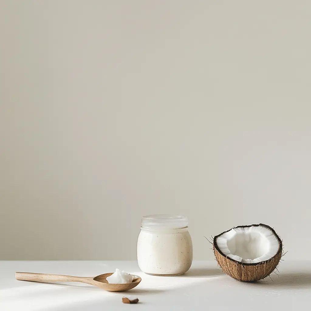 Huile de coco comme remède naturel pour des dents blanches : un pot d’huile de coco avec une cuillère en bois et une demi-coque de noix de coco sur une surface blanche minimaliste.