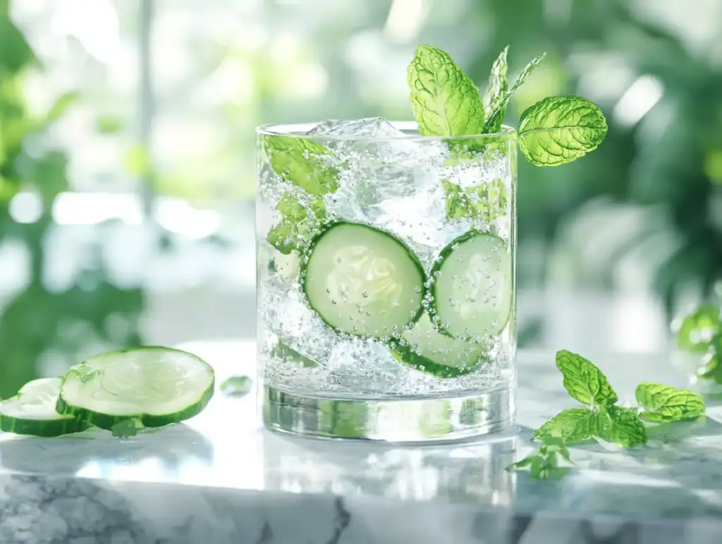 Un verre d’eau fraîche avec des gouttelettes de condensation, accompagné de feuilles de menthe et d’une tranche de citron, représentant l’importance de s’hydrater pour une haleine fraîche et une bonne santé
