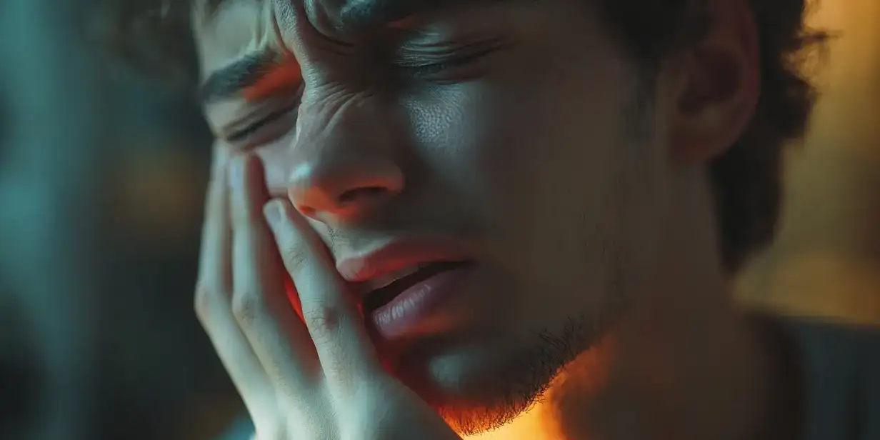 Un homme tenant sa joue et exprimant une douleur intense après une extraction de dent de sagesse.