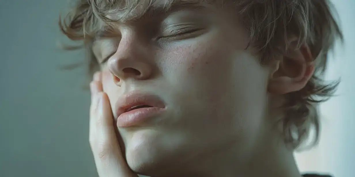 Personne souffrant de douleur aux dents de sagesse, tenant sa joue pour exprimer son inconfort.
