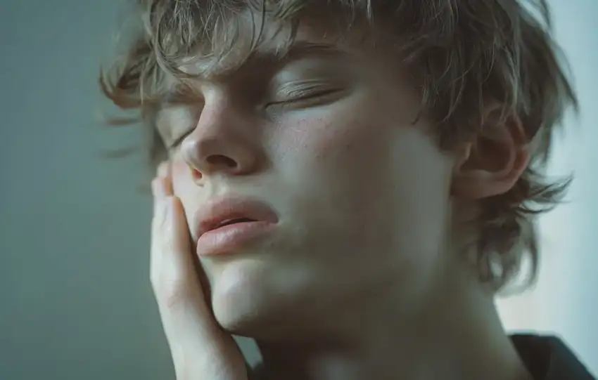 Personne souffrant de douleur aux dents de sagesse, tenant sa joue pour exprimer son inconfort.