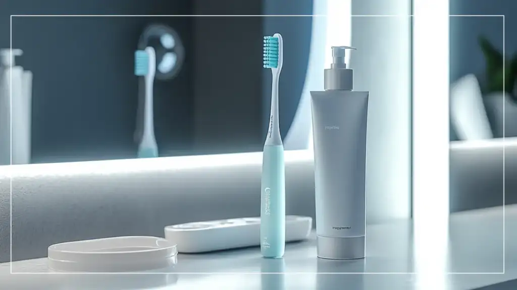 Brosse à dents et produits d’hygiène bucco-dentaire sur un lavabo moderne, illustrant l’importance du brossage, du fil dentaire, et du bain de bouche pour prévenir les maladies parodontales. Par Le Bord Libre